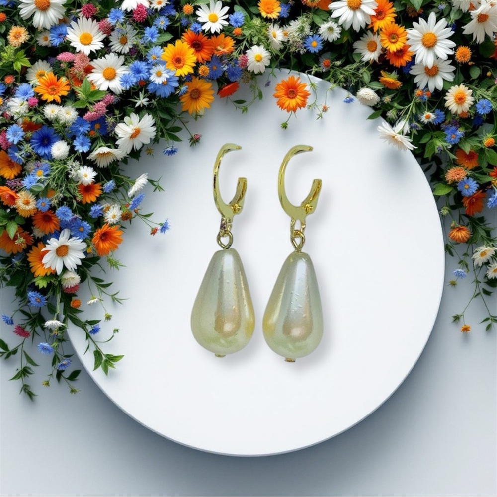 BOUTIQUE Gold and Cream Teardrop Earrings with Leverback Hooks, Classy, Formal